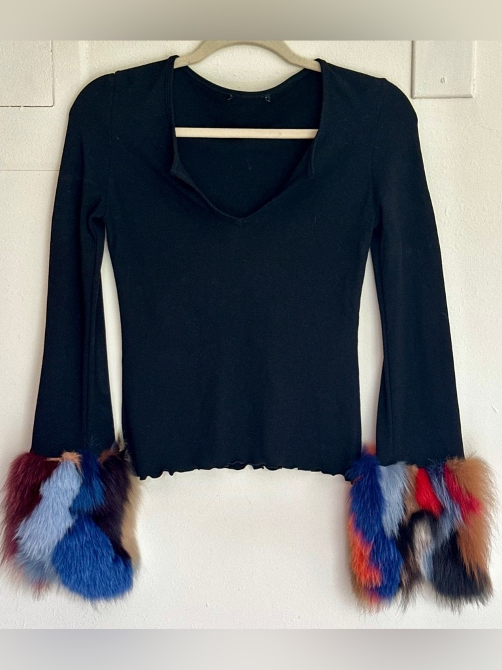 VtG Bebe BLK Top w multi colored rabbit/fox fur cuffs - LK NEW